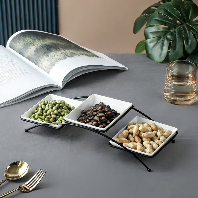 Shallow Serving Bowl Set – 3PCS Square 14cm Porcelain & New Bone China Bowls with Metal Stand for Dates, Sweets, Eid & Family Gatherings - Image 3